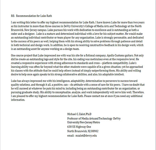 Recommendation letter Professor Zalot